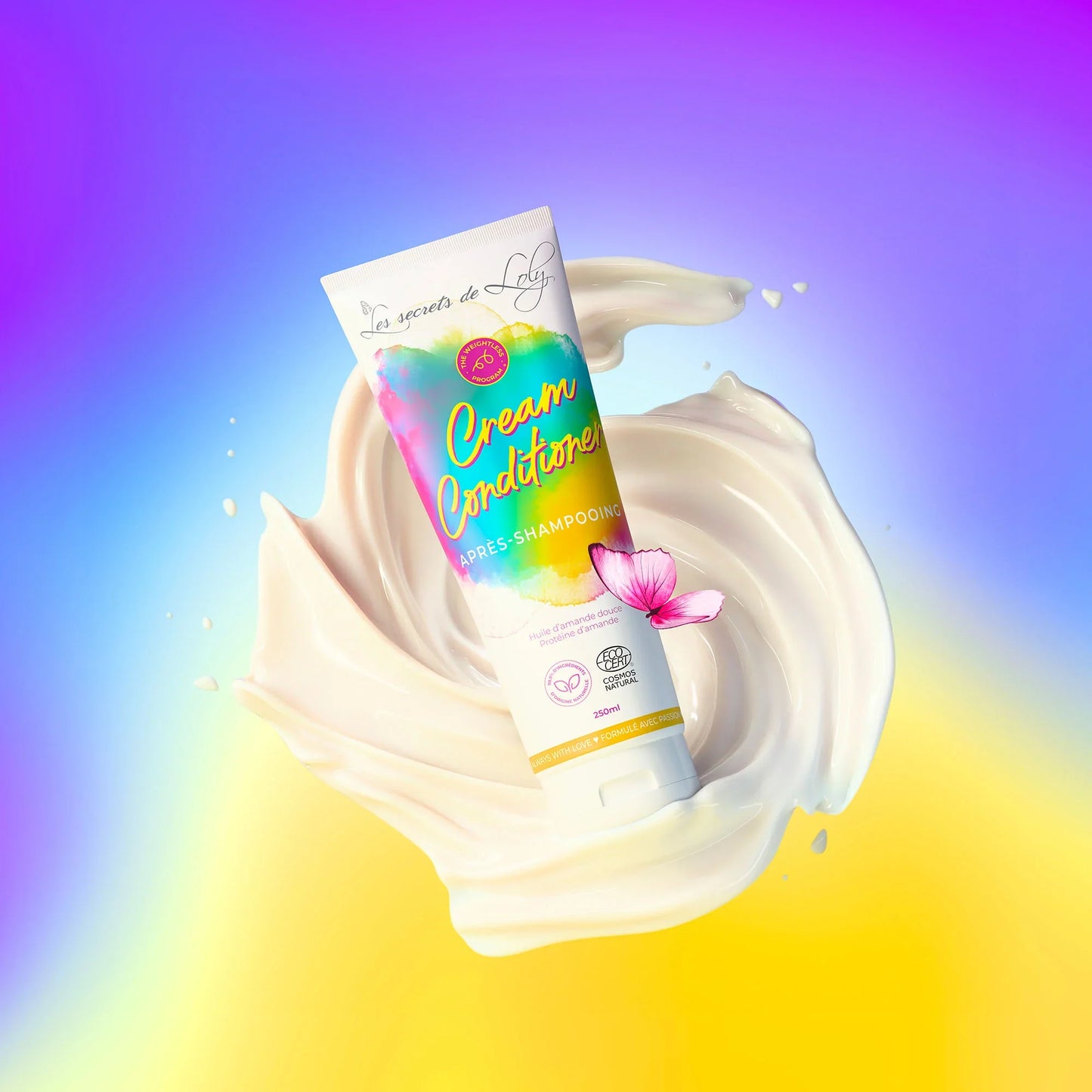 Cream conditioner tube with colorful label on creamy swirl and gradient background