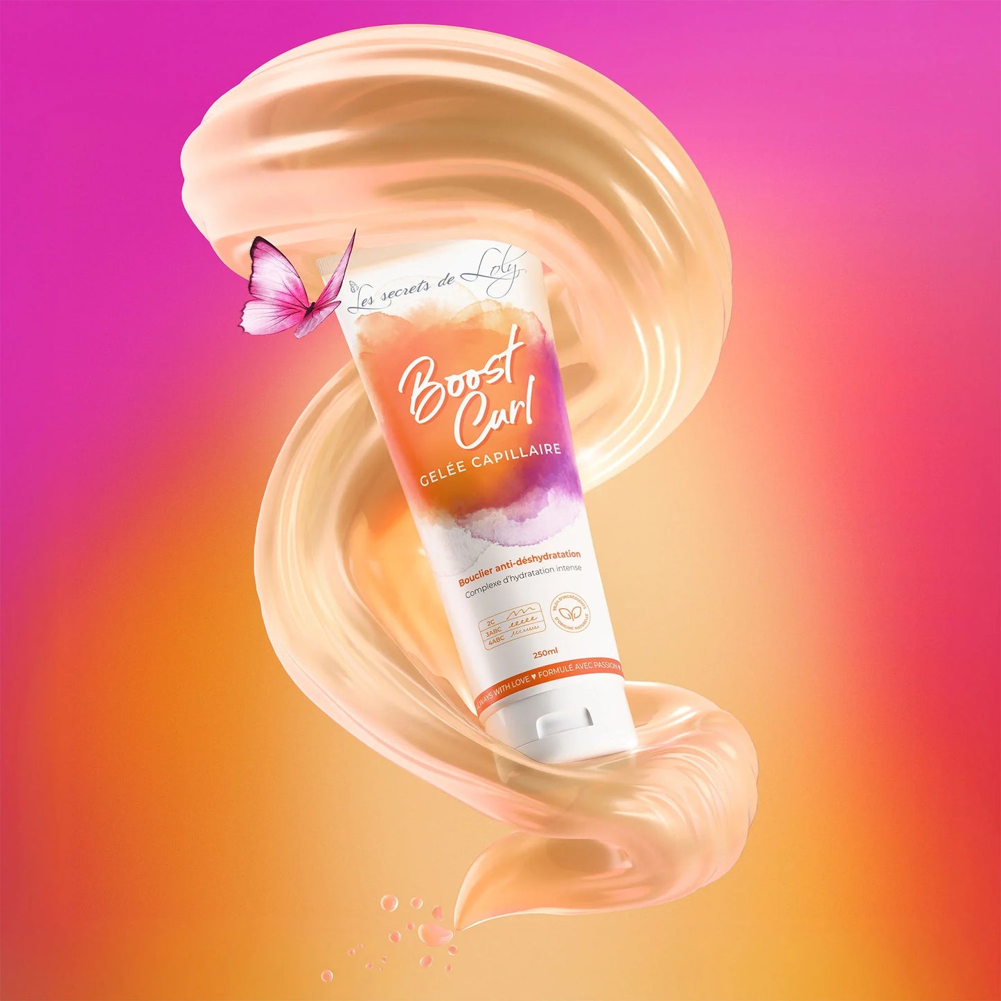 Boost Curl hair gel tube on swirled creamy background with pink butterfly, gradient backdrop