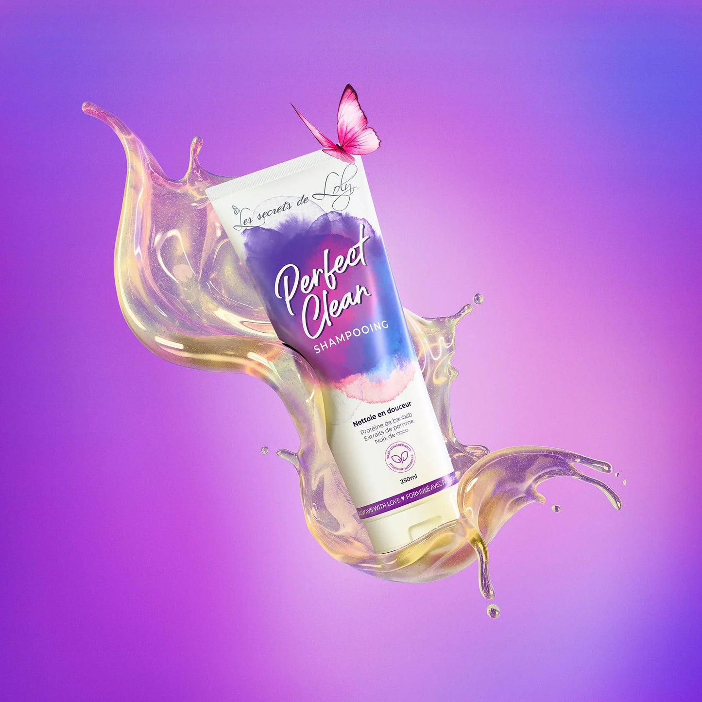 Perfect Clean shampoo tube with butterfly and splash effect on a purple gradient background