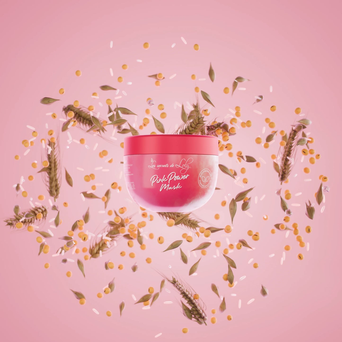 Pink Power Mask hair treatment jar with grains, leaves, and seeds on a pink background