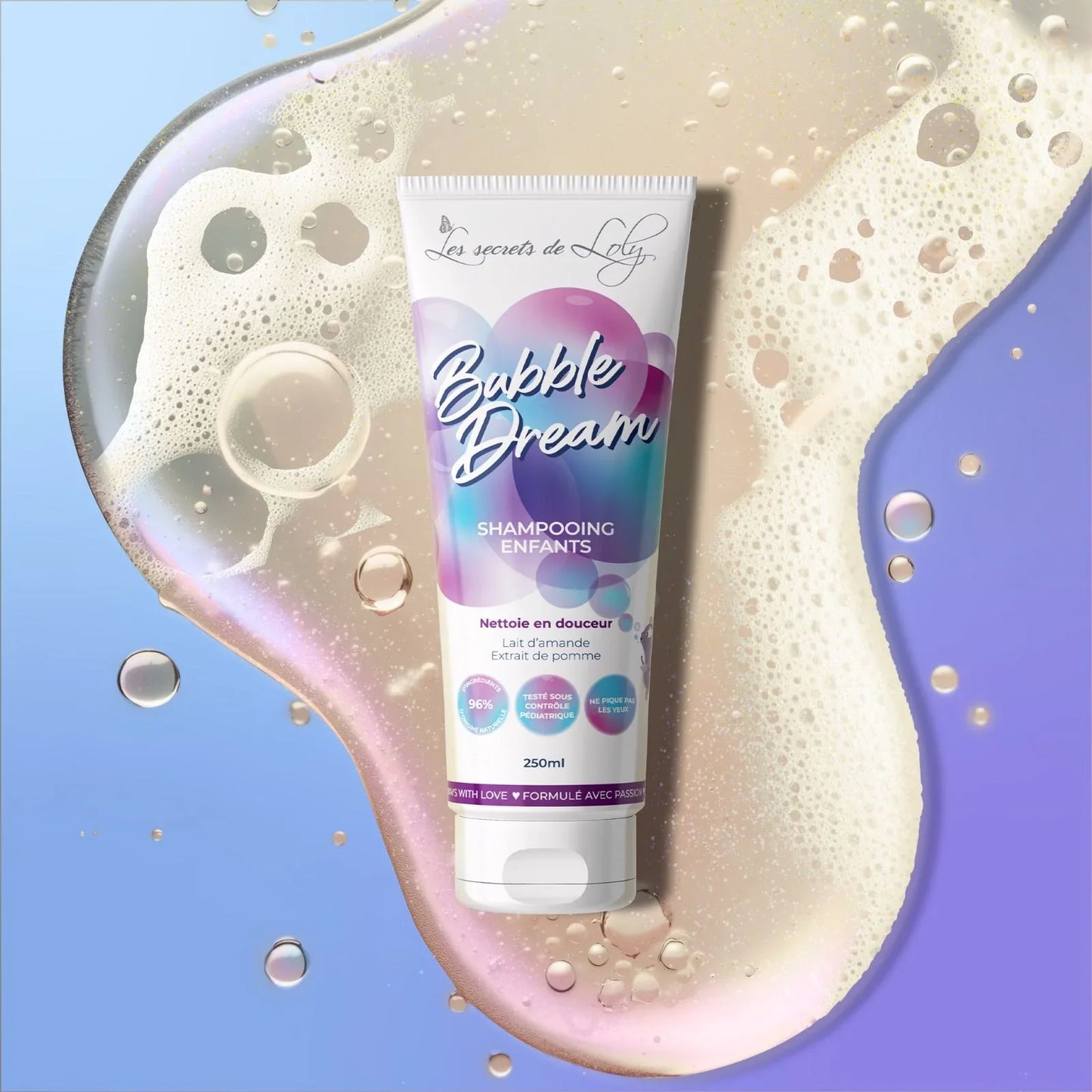 Bubble Dream kids shampoo tube with bubbles on a pastel background, 250ml, gentle formula