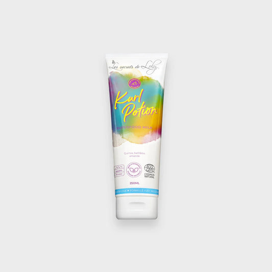 Kurl Potion Superfood Milk hair treatment tube with colorful label, 250ml, isolated on white background.