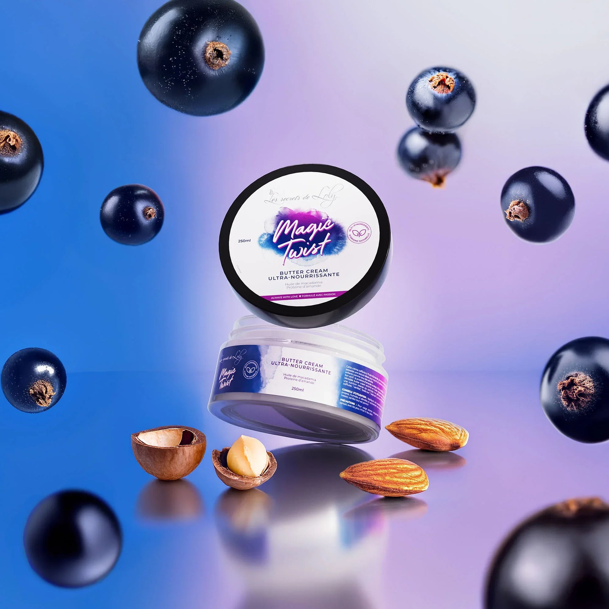 Magic Twist butter cream jar with macadamia nuts, almonds, and blackcurrants on purple background