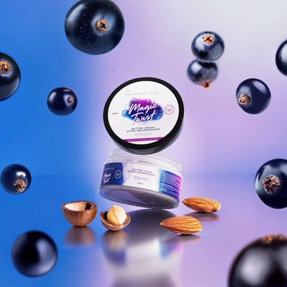 Magic Twist butter cream jar with macadamia nuts, almonds, and blackcurrants on purple background