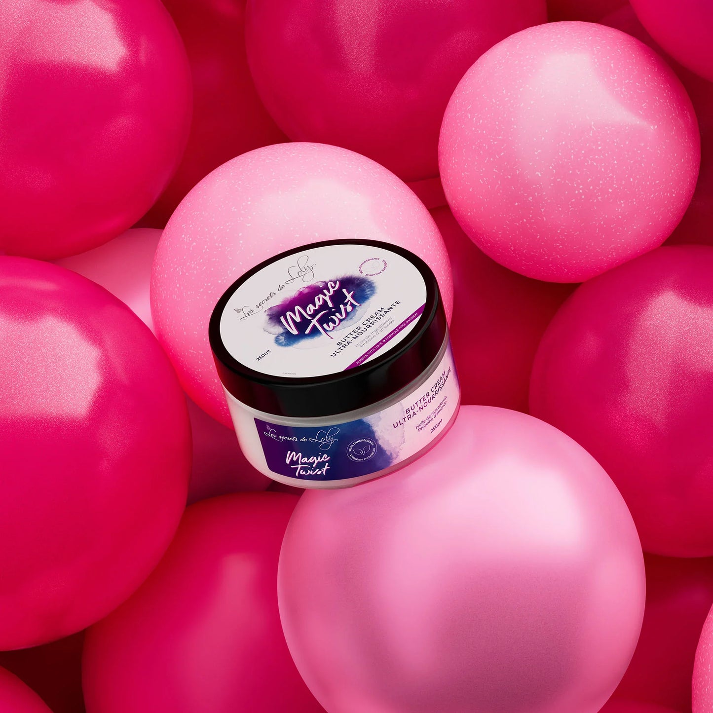 Magic Twist ultra moisturizing hair cream jar on pink balloons background