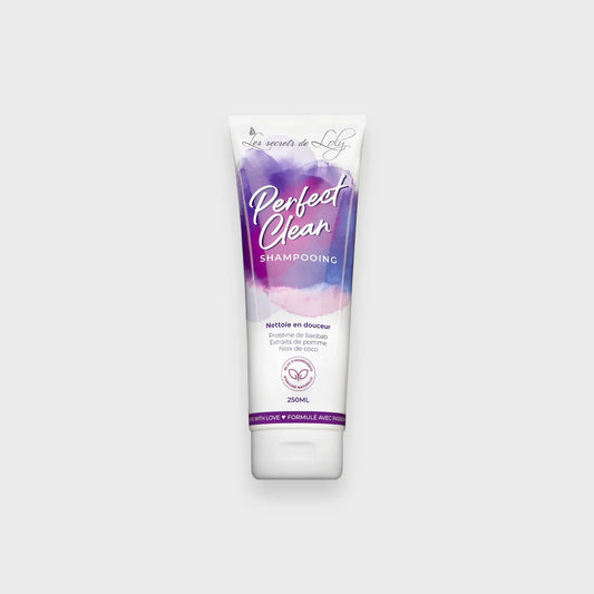 Perfect Clean shampoo tube with purple and pink label on light background, 250ml