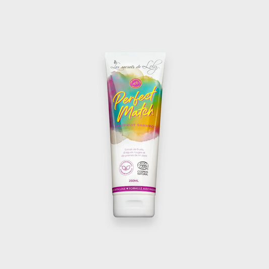 Colorful tube of Perfect Match Superfruit Shampoo for hair care, 250ml, on plain background.