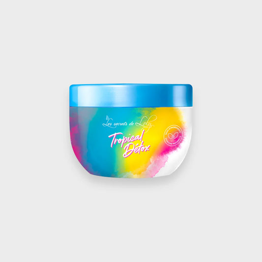 Tropical Detox hair mask jar with blue lid and colorful label on white background