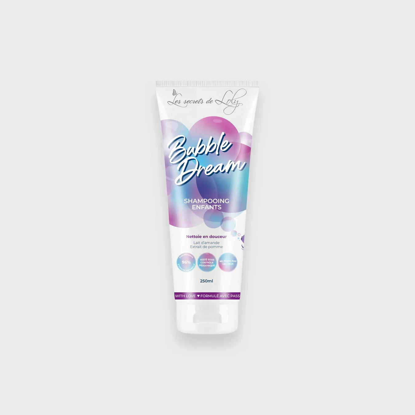 Bubble Dream kids shampoo tube with pastel bubble design, gentle almond and apple formula