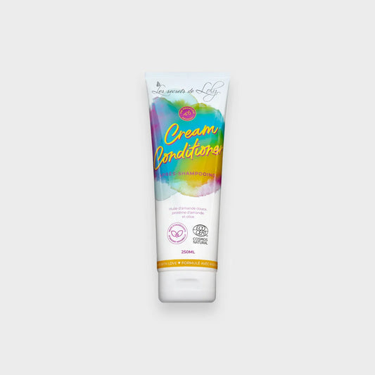 Cream conditioner tube with colorful label, natural hair care after-shampoo, 250ml