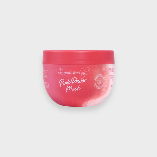 Pink Power Mask hair treatment in a pink jar with white text on a light background
