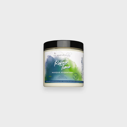 Repair Time hydrating hair masque jar with black lid, colorful label, and ingredient list